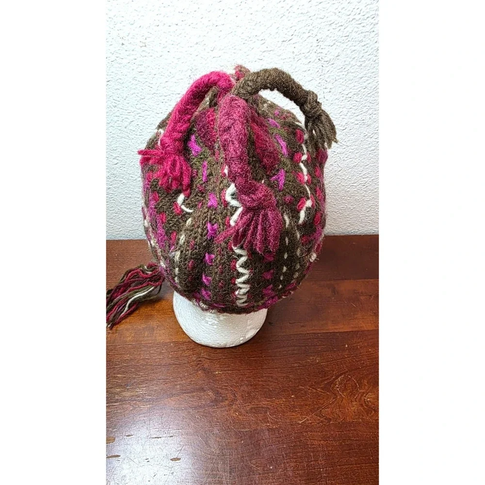 Newari Icelandic Hand-Knit Nepal Wool Small Earflap Hat Brown Pink Patterns